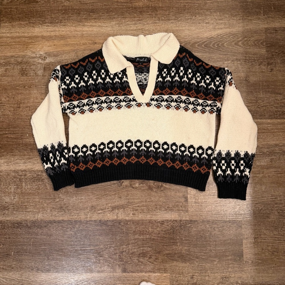 Marled V-Neck Sweater in Cream, Black, and Brown